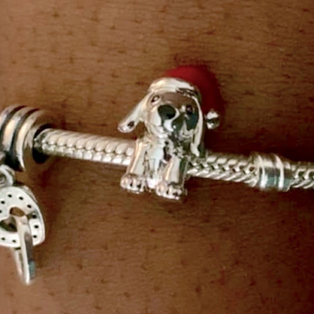 Sterling silver Dog puppy Christmas hat charm for Pandora bracelet or necklace